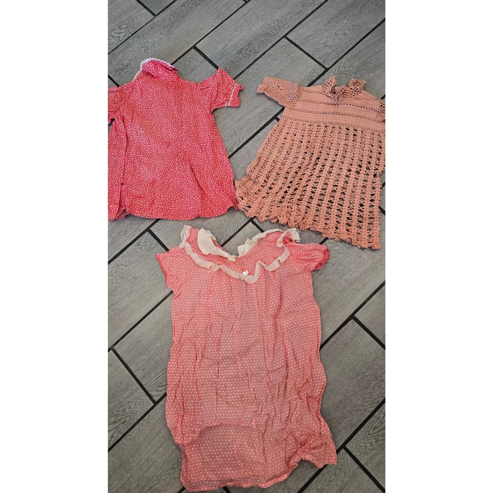 Vintage Girls Dress Lot 3pc Crochet Lace Ruffle Prairie Cottagecore Pink Red